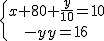 \{{x+80+\frac {y}{10}=10\atop x-y=16}